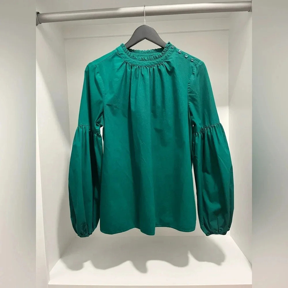 Worthington Green puff long sleeved blouse womens large ruffled collar